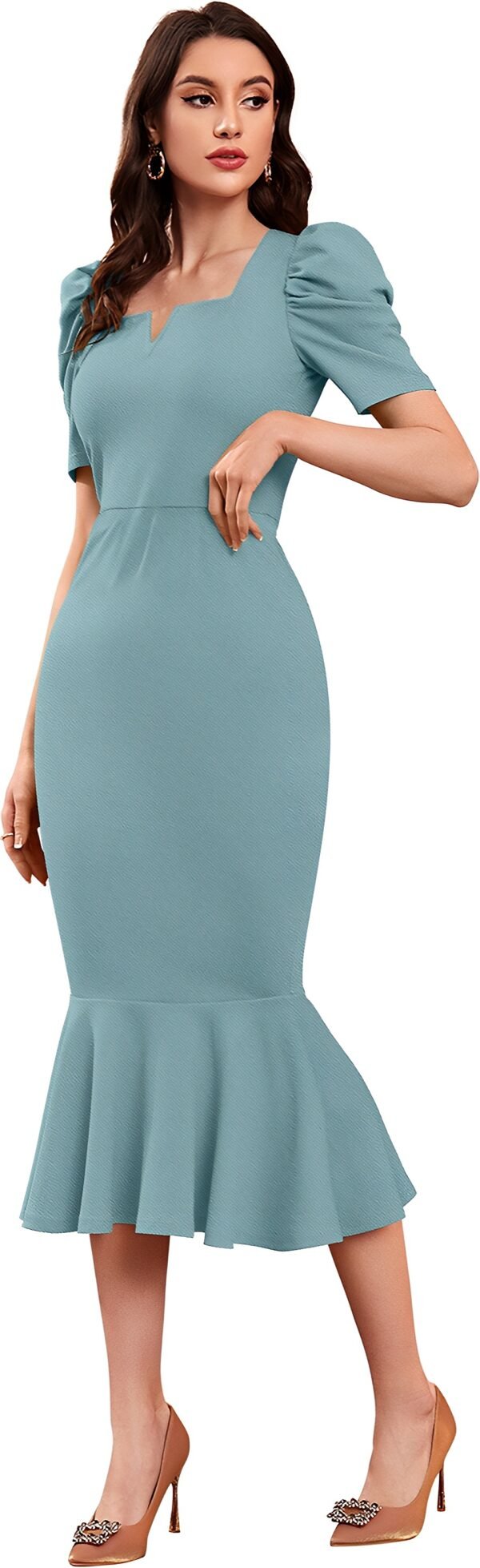 Puff Sleeve Sheath Midi Dress - Image 35