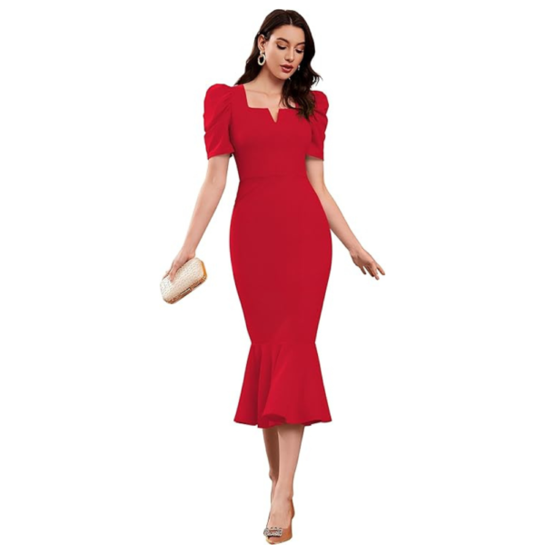 Puff Sleeve Sheath Midi Dress